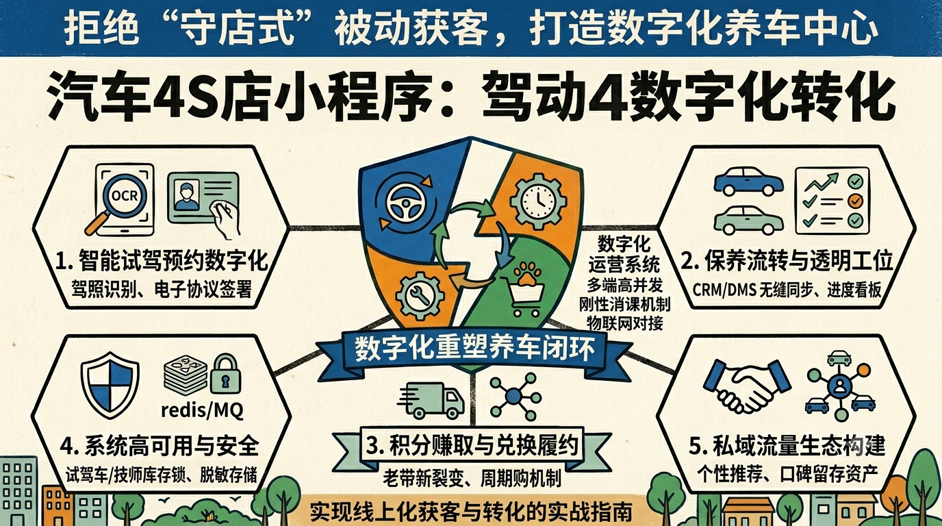汽车 4S 店小程序：试驾预约、保养提醒、积分商城数字化全方案